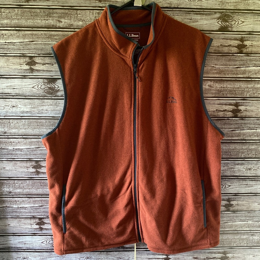 LL Bean Men's Slightly Fitted Fleece Full-Zip Vest Sz XXL Rust Blue Logo Pockets